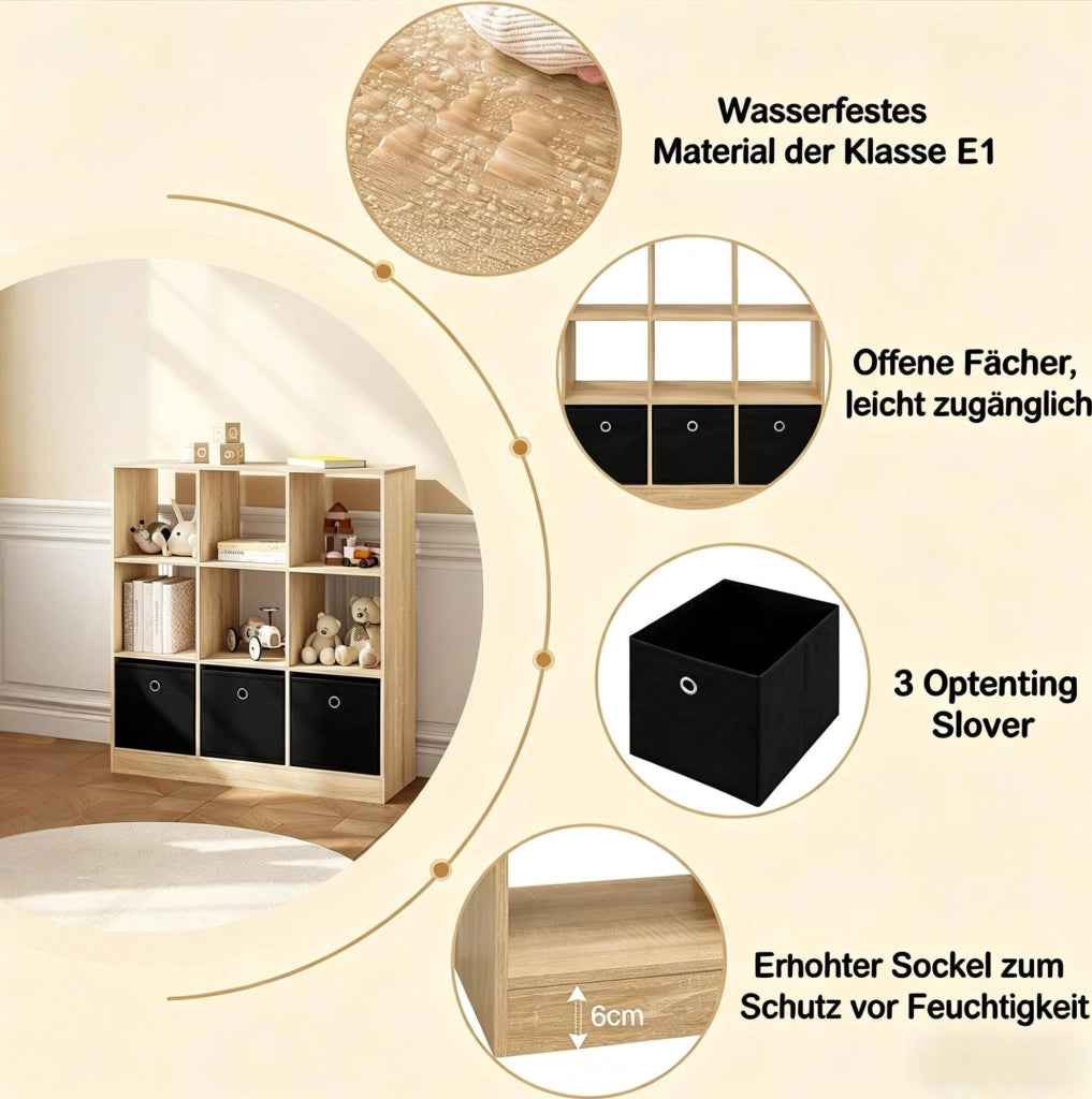 Libreria a cubi con 3 cassetti in tessuto rovere chiaro e nero