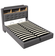 Letto imbottito 140x200 cm con contenitore idraulico, luci LED, prese USB e Type-C, tessuto lino grigio