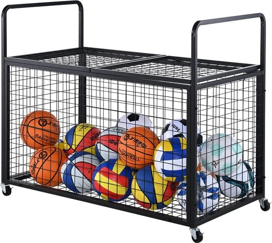 Carrello a Rulli 1150 x 610 x 912 mm per Palloni da Calcio, Cesta di Pallacanestro Chiusura, Set di Attrezzatura Sportiva per Interno ed Esterno, Carrello di Stoccaggio Rullante per Garage