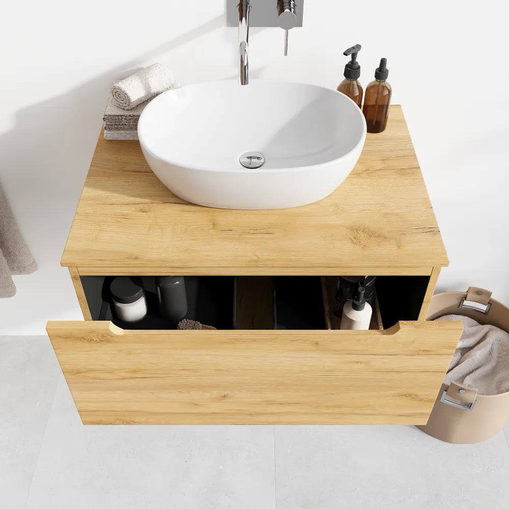 Mobile bagno sospeso 60 cm rovere chiaro un cassettone con top | Bako