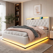Letto matrimoniale 160x200 cm con LED, testiera con USB e contenitore, bianco PU
