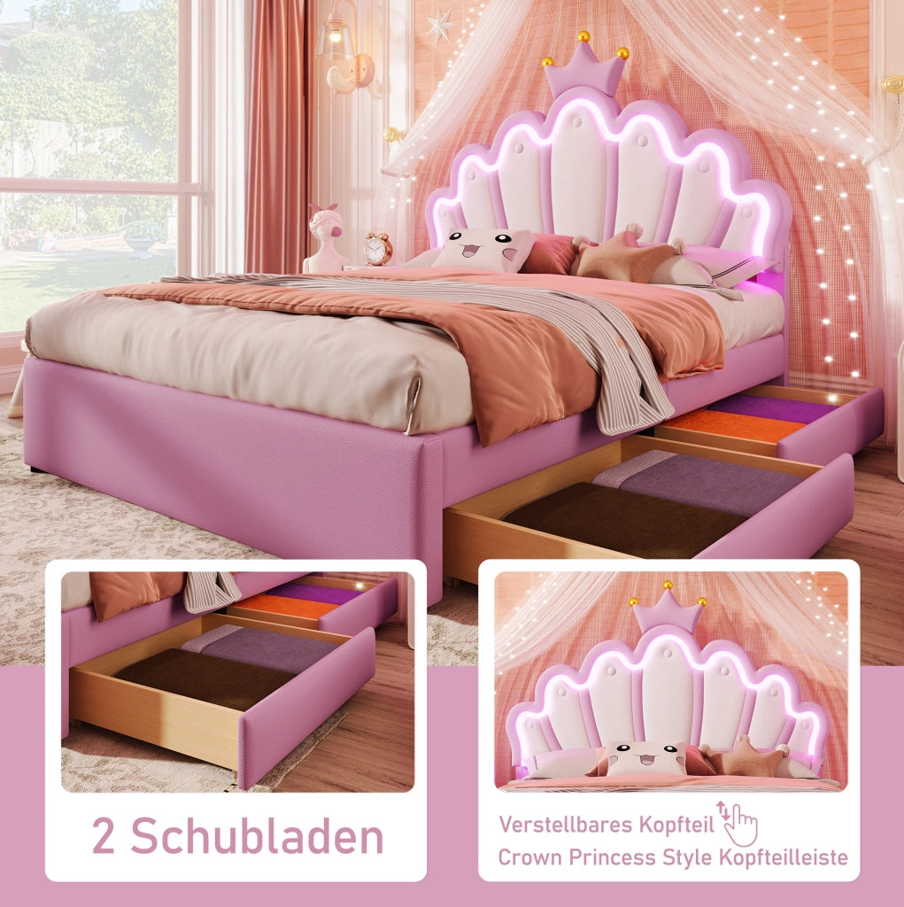 Letto imbottito per bambini 140x200 cm rosa con LED e cassetti