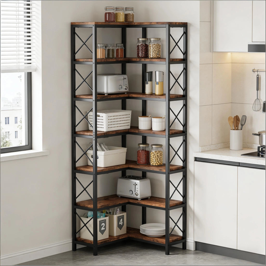 Libreria angolare in metallo e legno, design industriale, 7 ripiani, nero e marrone rustico