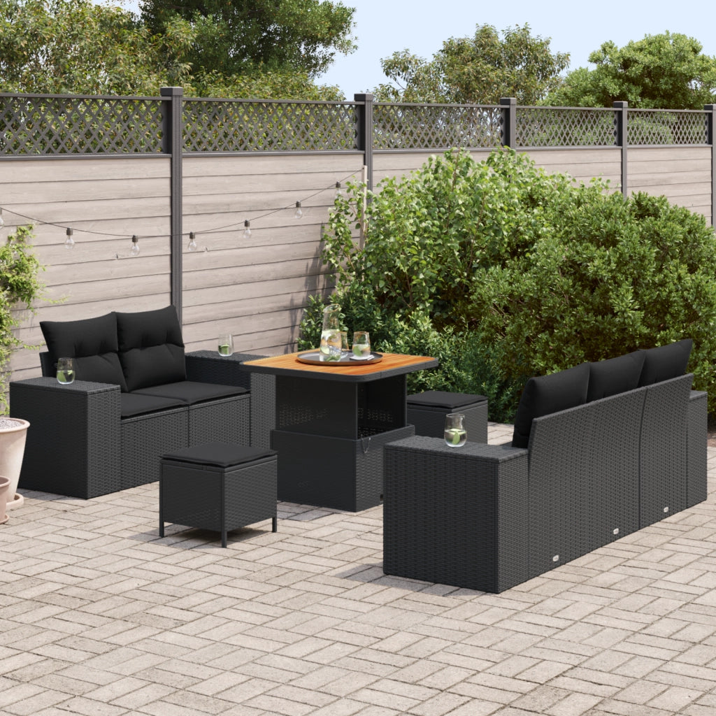 Set Divani da Giardino 8 Pezzi con Cuscini Rattan Nero Acacia