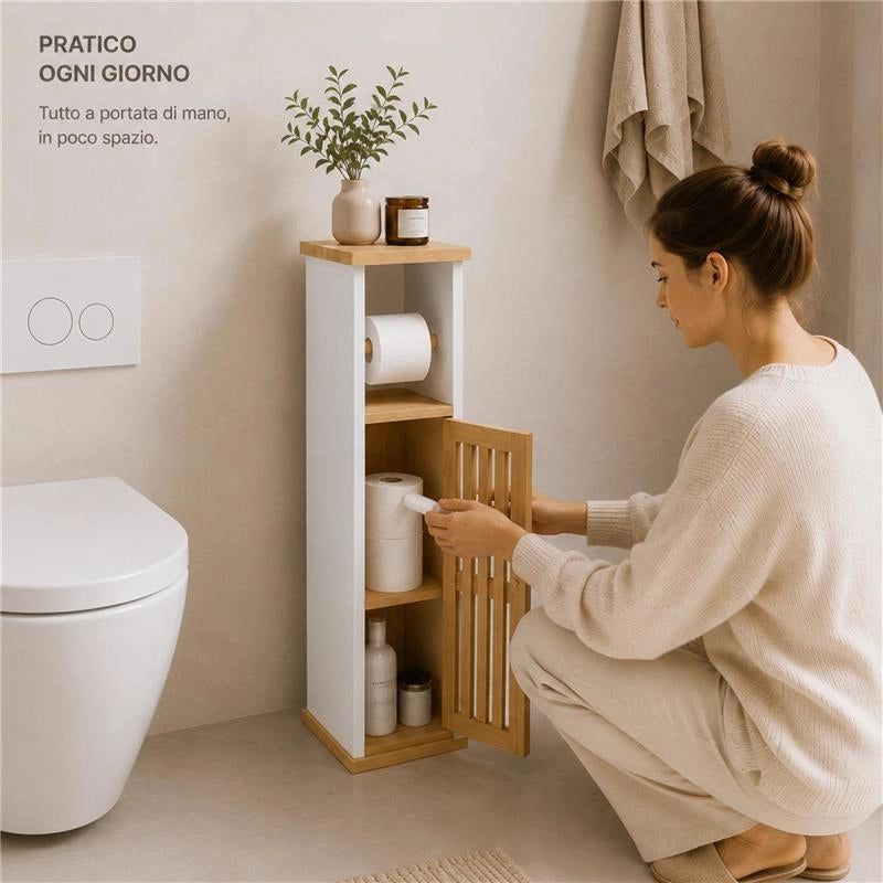 MOBILE PORTA ROTOLO IN LEGNO BIANCO CON ANTA IN BAMBOO DIMENSIONI 18X18X75 CM