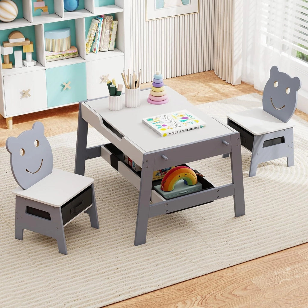 Set Tavolo e 2 Sedie per Bambini, 5 in 1 Tavolino e Sedie con 4 Ganci, 3 Scatole in Tessuto e Lavagna Reversibile per Bambini 3+ Anni per Cameretta Ragazzi (Grigio, Stile 4)