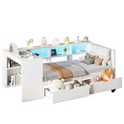 Letto Singolo 90x200 cm con Contenitore; Cassetti; USB; LED e Testiera Imbottita Bianca