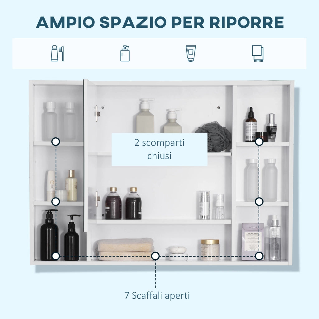 EasyComfort Specchiera Bagno con Mensole Aperte e Armadietto con Anta Specchiata, Mobile Bagno con Specchio Salvaspazio, 100x15x70cm, Bianco
