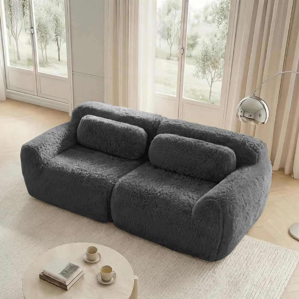 Divano Modulare 2 Posti Senza Struttura con Cuscini; Seduta Ampia; Base Antiscivolo in Peluche Grigio