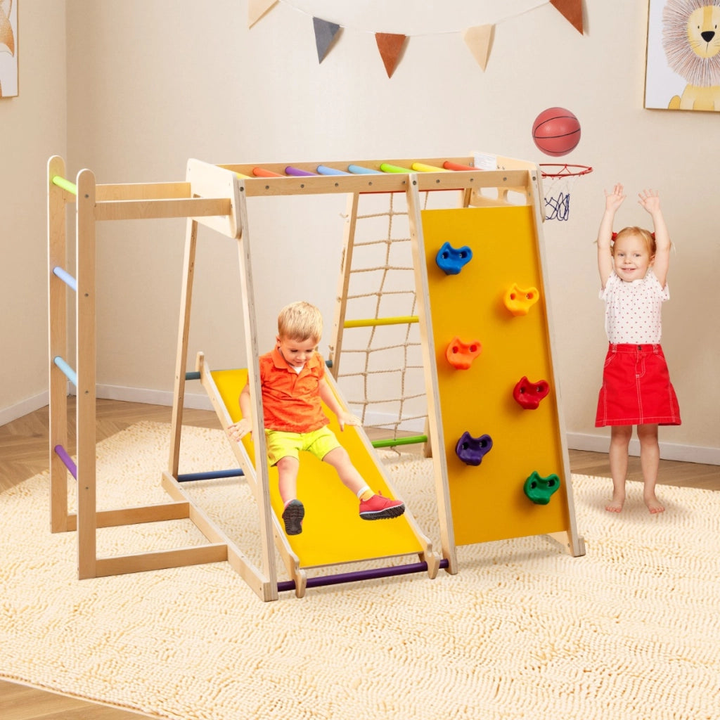 Parco giochi bambini 6 in 1 legno set arrampicata con scivolo, Parco giochi bambini arrampicata e canestro basket Colorato-Arrampicate e scivoli