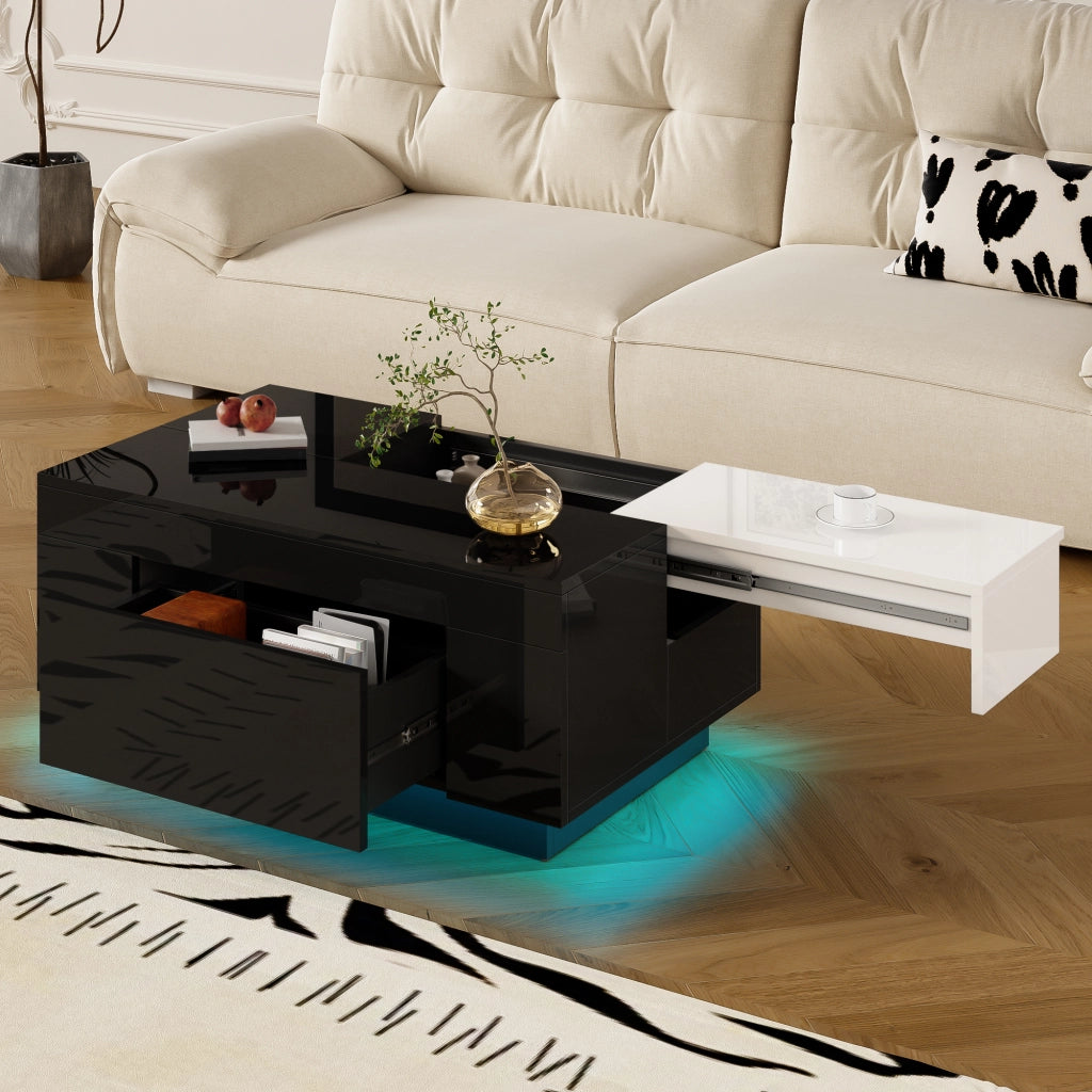 OKWISH Tavolino da Caffè Moderno con Piano Estensibile e Cassetto Nascosto, LED Bluetooth, per Soggiorno, MDF, Nero e Bianco, 80×50×35,5 cm