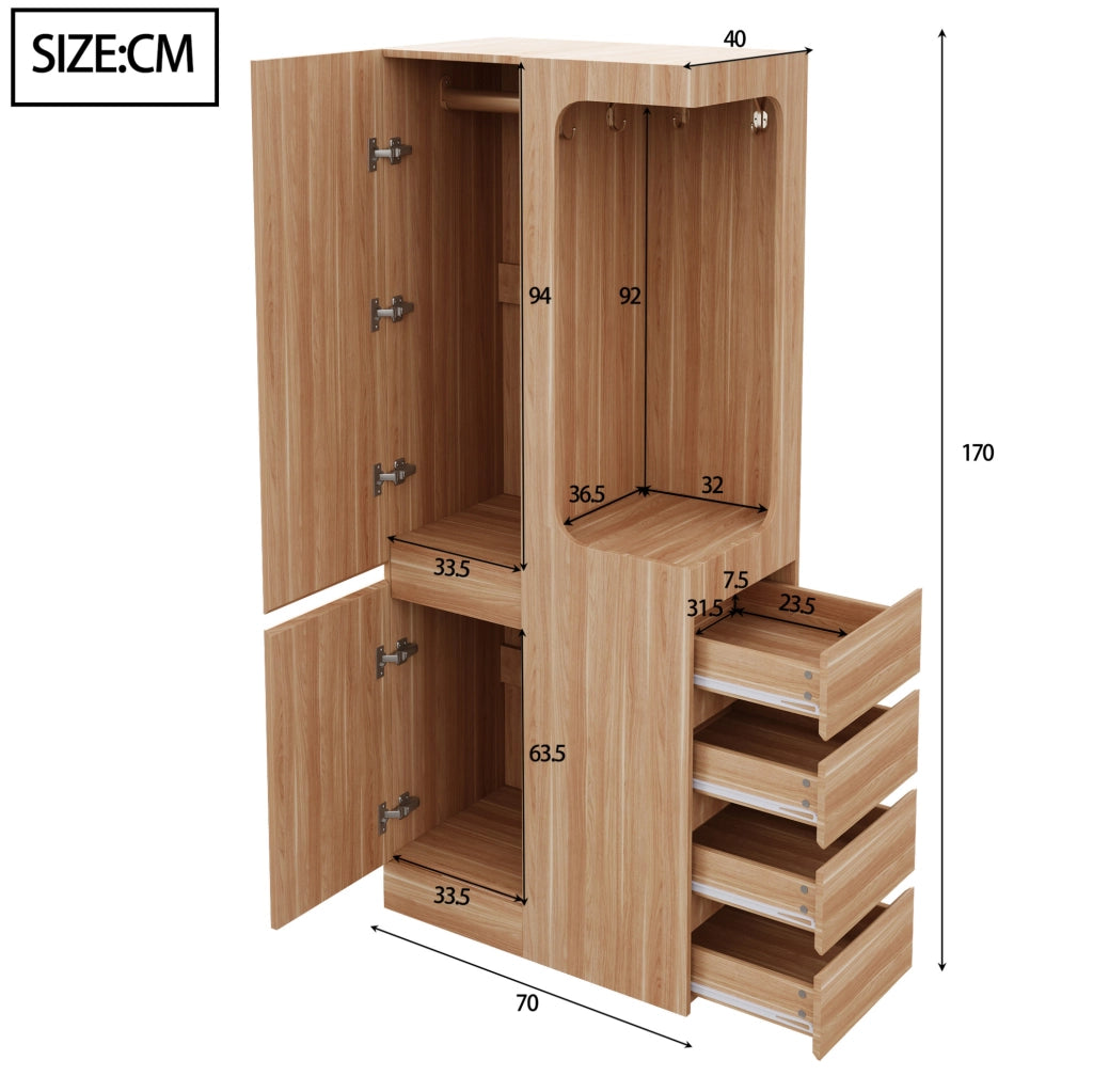 Armadio 1 anta con 4 cassetti e vano appendiabiti 70x40x170 cm