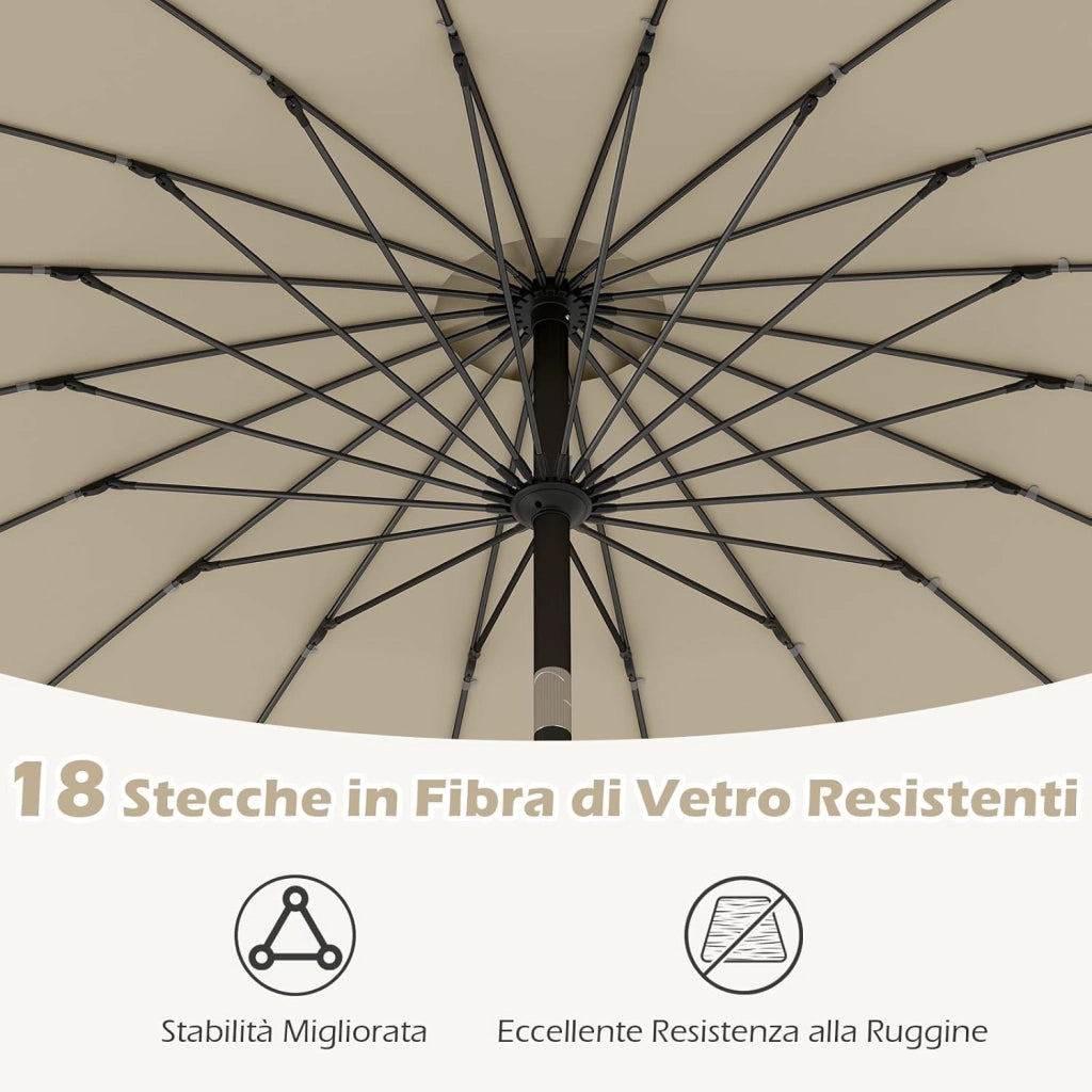 Ombrellone da Giardino 260 cm, Inclinazione Regolabile con 18 Stecche, Tettuccio Ventilato, Ombrellone Pighevole con Manovella, per Giardino Spiaggia
