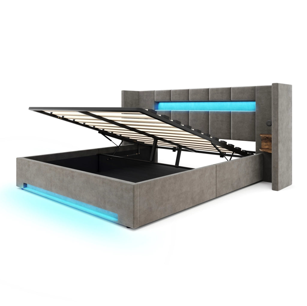 Letto 160x200 cm con contenitore; LED e USB in velluto grigio scuro