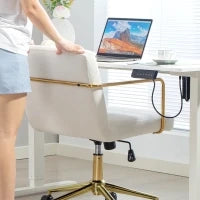 Sedia da ufficio con base in metallo e ruote, rivestimento in tessuto effetto velluto, Bianco crema