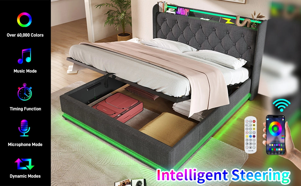 LETTO Imbottito 140x190 cm Grigio in lino con LED, USB e Type-C