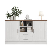Credenza 140 cm Bianca e Marrone con 2 Ante e 2 Cassetti; Mobile Buffet in Truciolato per Soggiorno