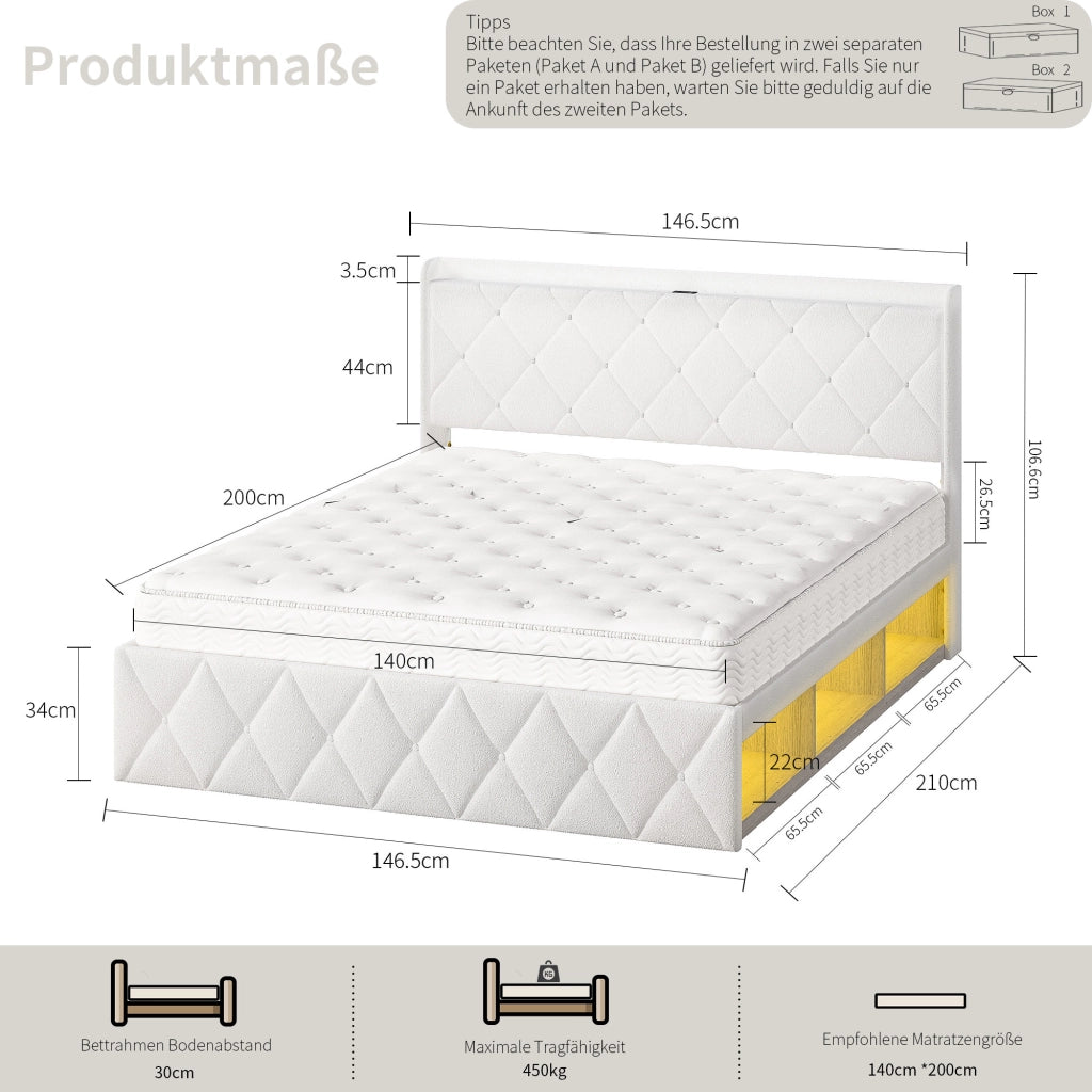 Letto imbottito 140 × 200 cm con USB, LED, 6 cassetti, ripiano testiera, senza materasso, bianco