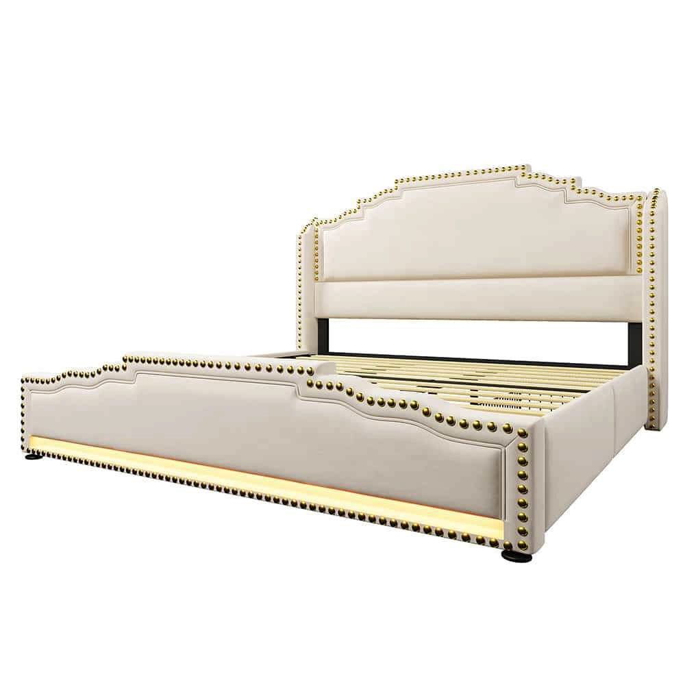 Letto matrimoniale-Xylo-180x200 cm-4 cassetti, LED, USB-C, velluto beige, senza materasso