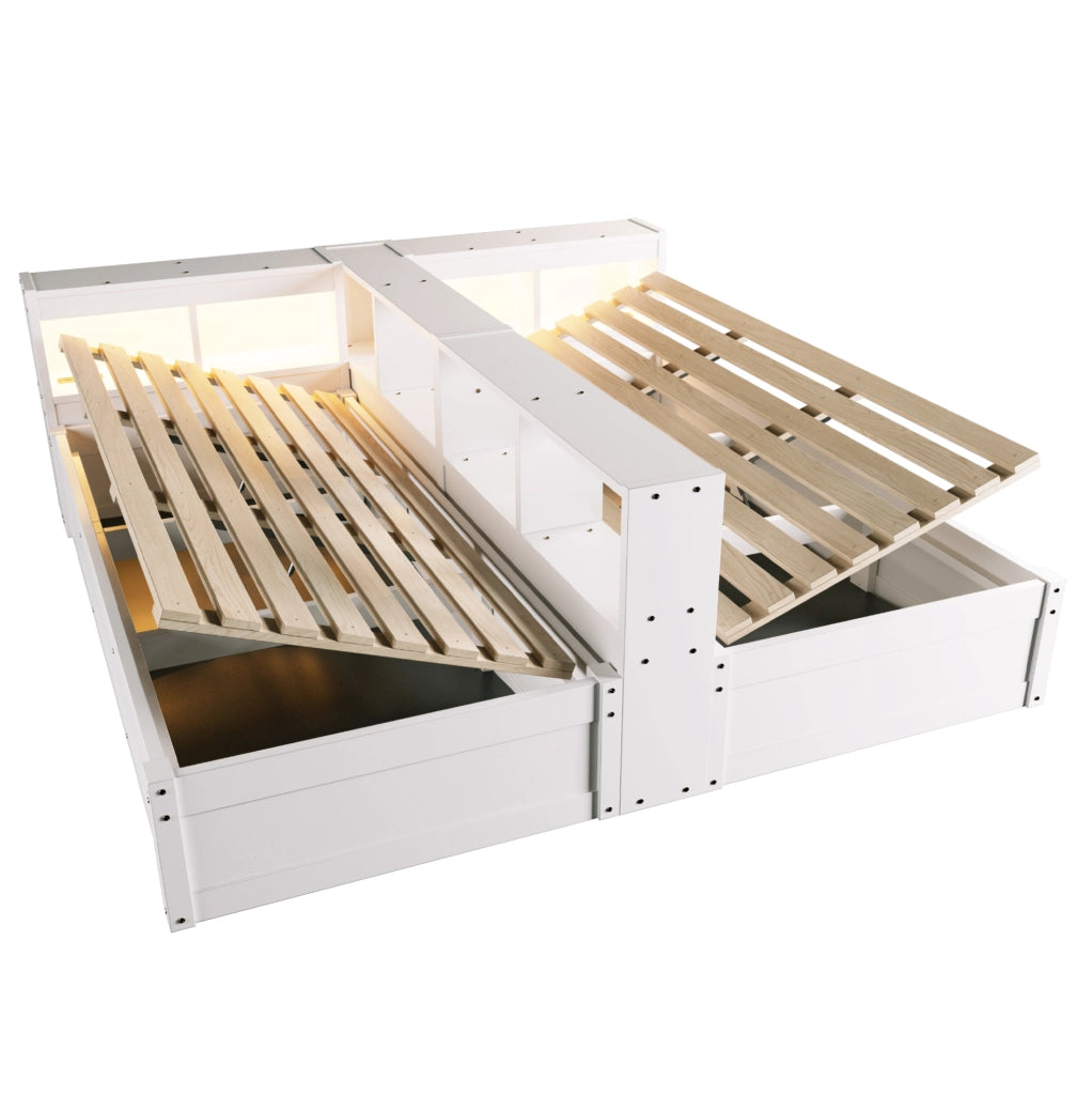 Letto multifunzione 90/180x200 cm bianco con prese integrate; LED e contenitore