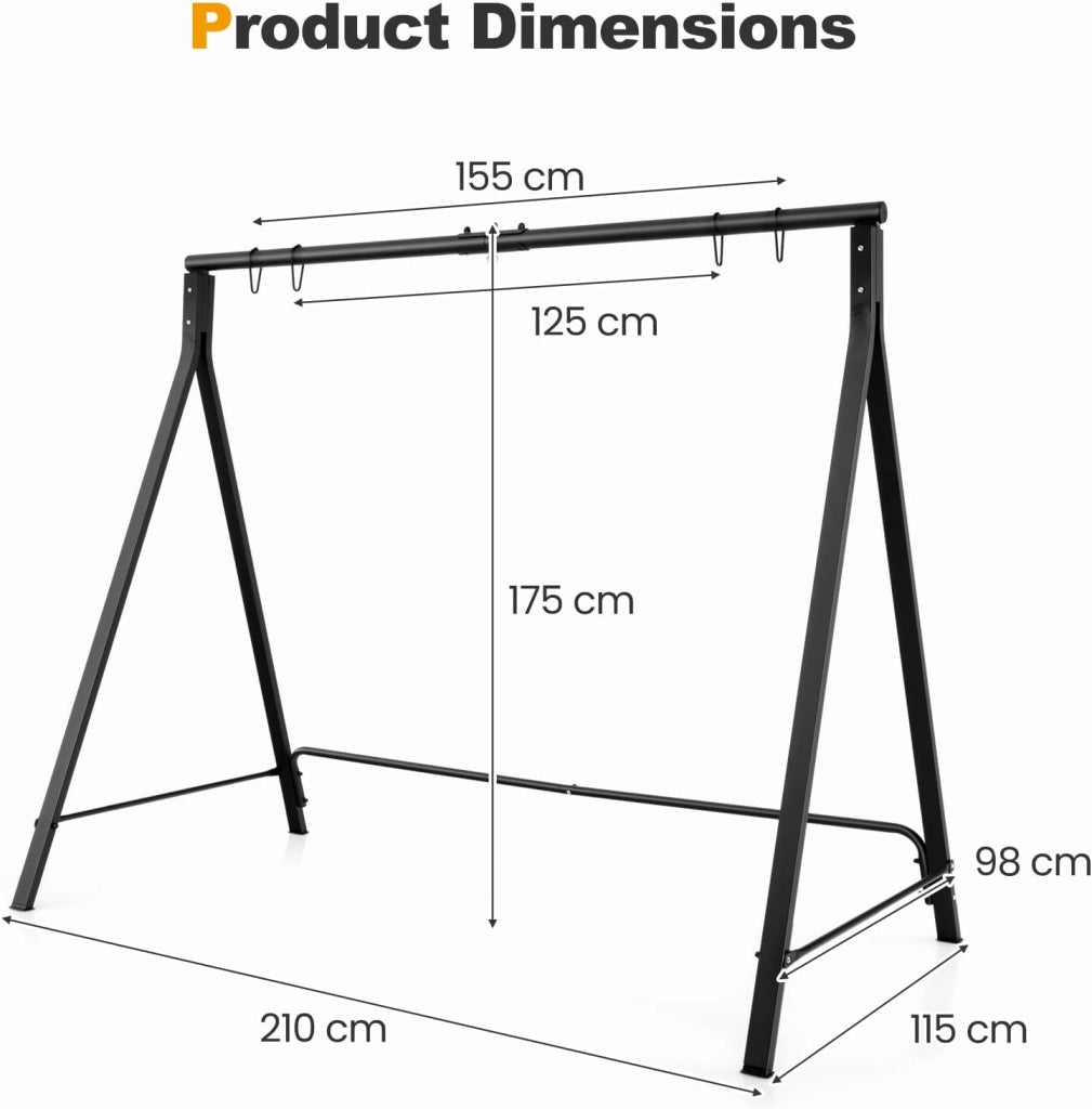 Struttura per altalena, struttura per altalena Hollywood, altalena da giardino, telaio in metallo a forma di A, supporto per altalena con 5 anelli di sospensione, 210 x 115 x 175 cm