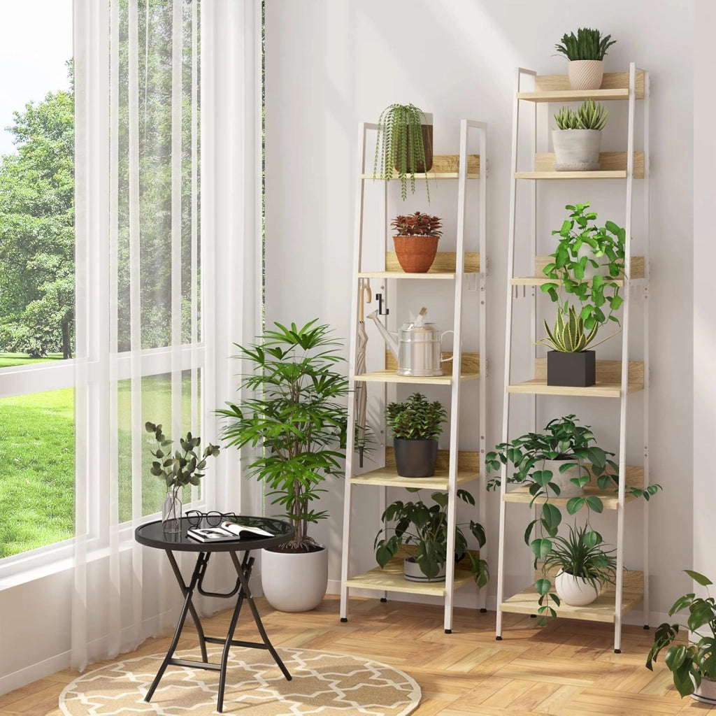 Libreria a 5 Ripiani, Scaffale con 4 Ganci Industriale, Scaffale a Scala in MDF e Metallo per Soggiorno, Cucina, Studio, Ufficio,Bianco, 40x36x170cm RGB9289whe
