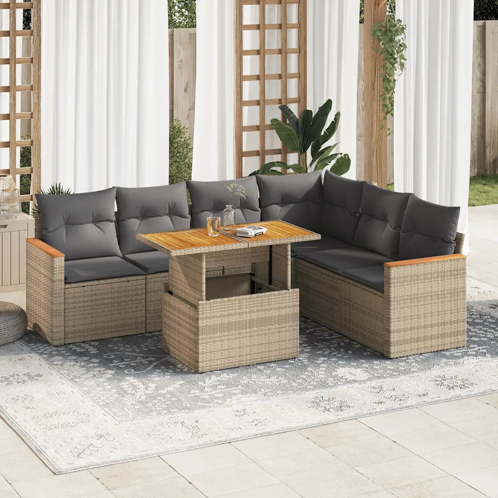 Set Divani da Giardino 7 pz con Cuscini Beige Polyrattan Acacia 3327496