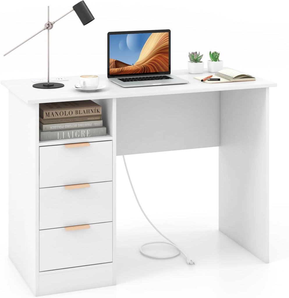 Scrivania con 3 Cassetti, Scrivania Bianco con Stazione di Ricarica e Mensola Aperta, Postazione da Lavoro PC per Camera da Letto, Studio e Ufficio, 108 x 48 x 76 cm