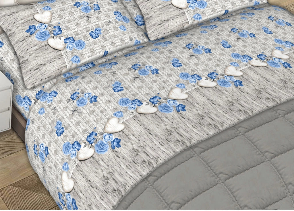 Completo Lenzuola Letto Matrimoniale 100% Cotone Made Italy Dis. Lara CN - 2 Piazze - Azzurro