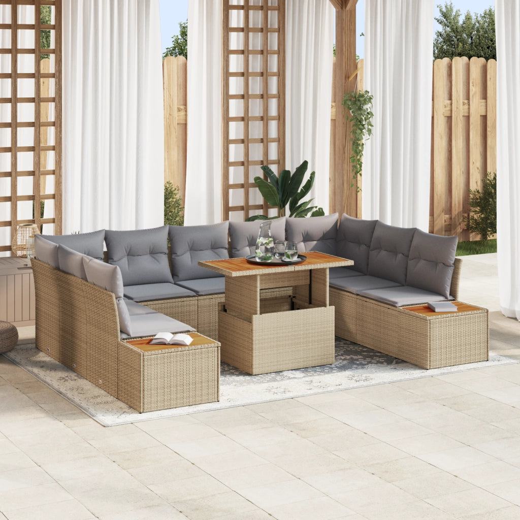 Set da pranzo da giardino di 10 pezzi con cuscini Beige in polirattan e acacia
