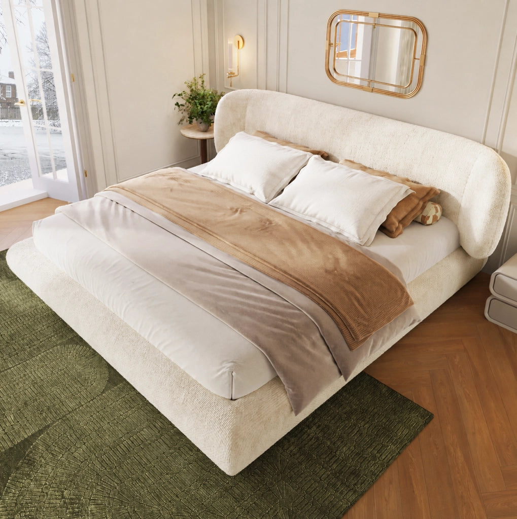Letto matrimoniale imbottito 180 x 200 cm in ciniglia beige con rete a doghe e testiera