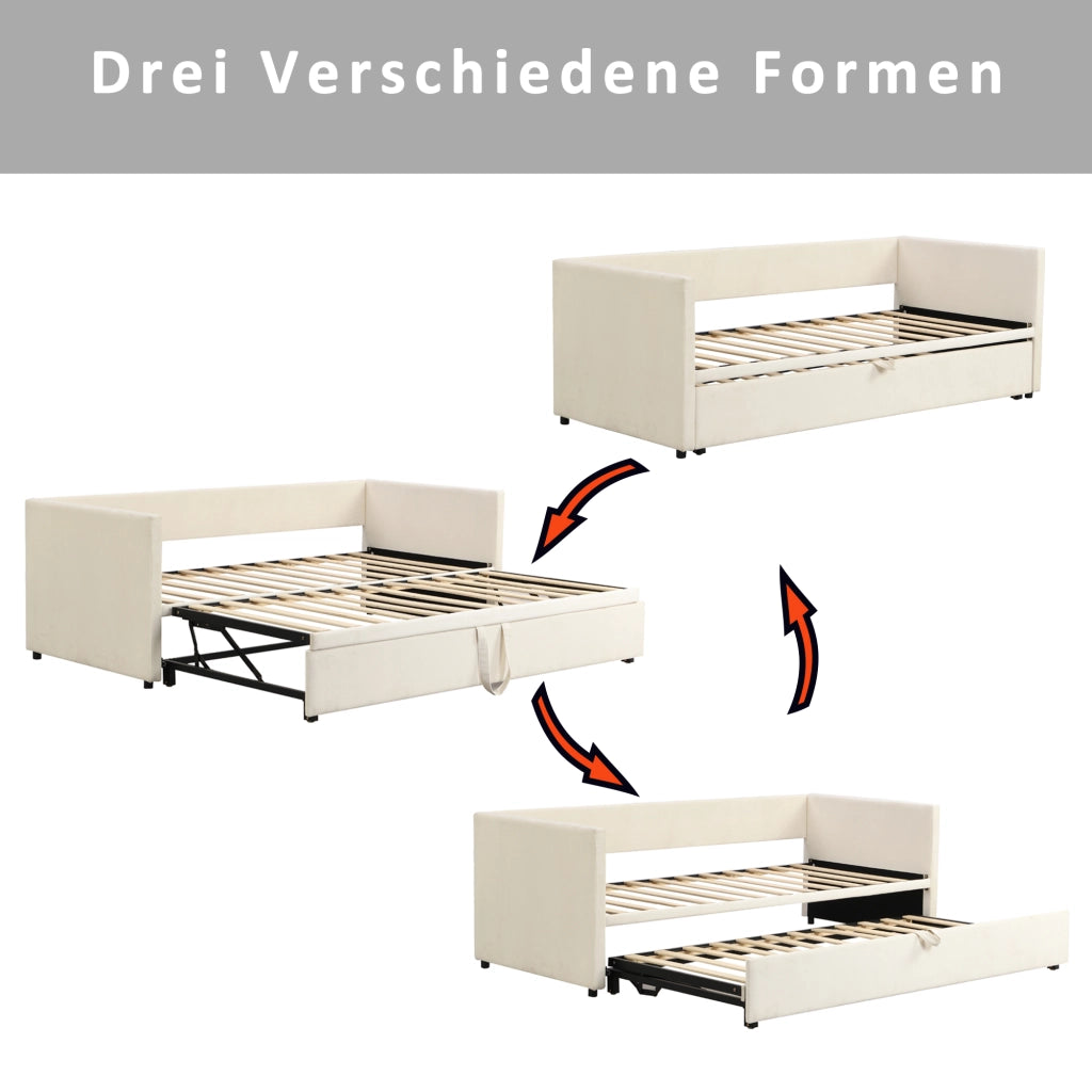 Letto estraibile imbottito 90 × 200 cm e 180 × 200 cm con rete, senza materasso, in velluto beige
