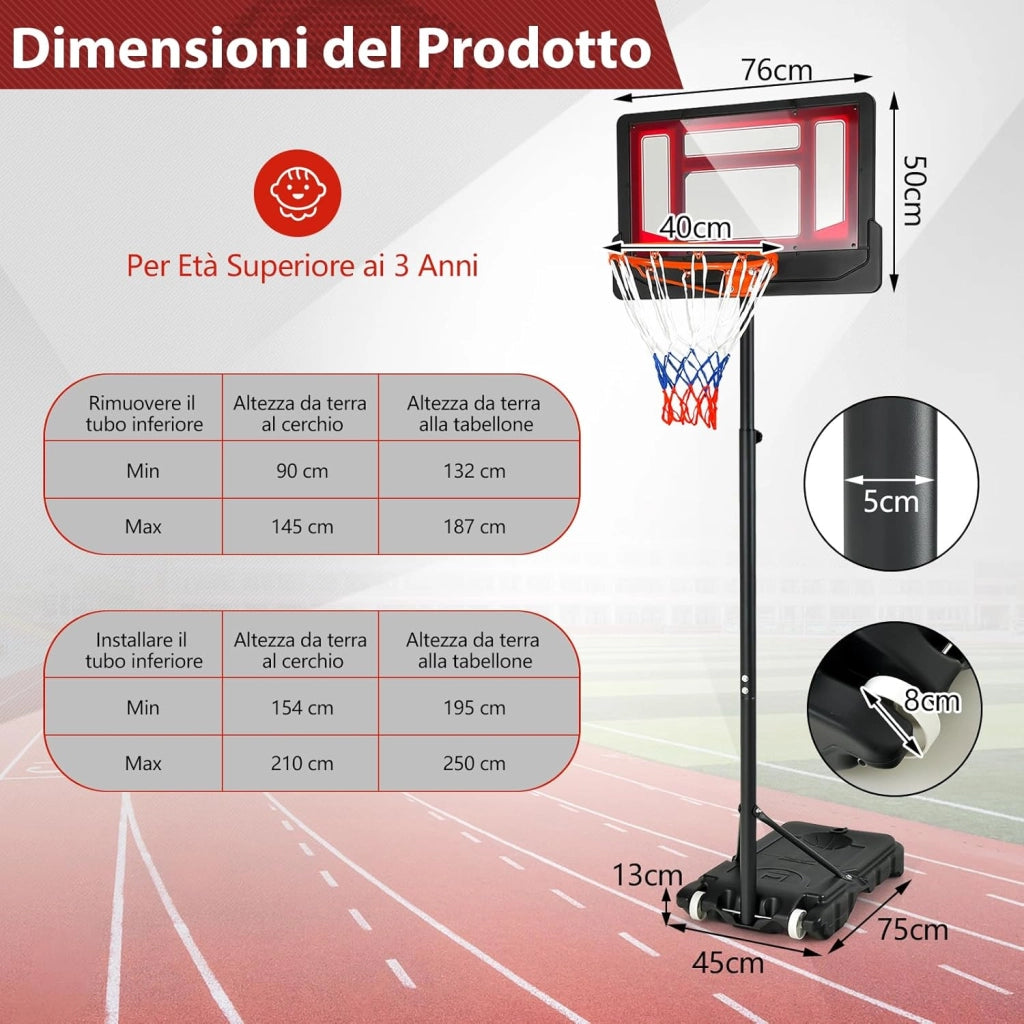 Canestro Basket da Interno ed Esterno Portatile e Regolabile in Altezza 90-210cm, Canestro da Basket per Bambini con Ruote, Incavo per Pallone e Tabellone Infrangibile