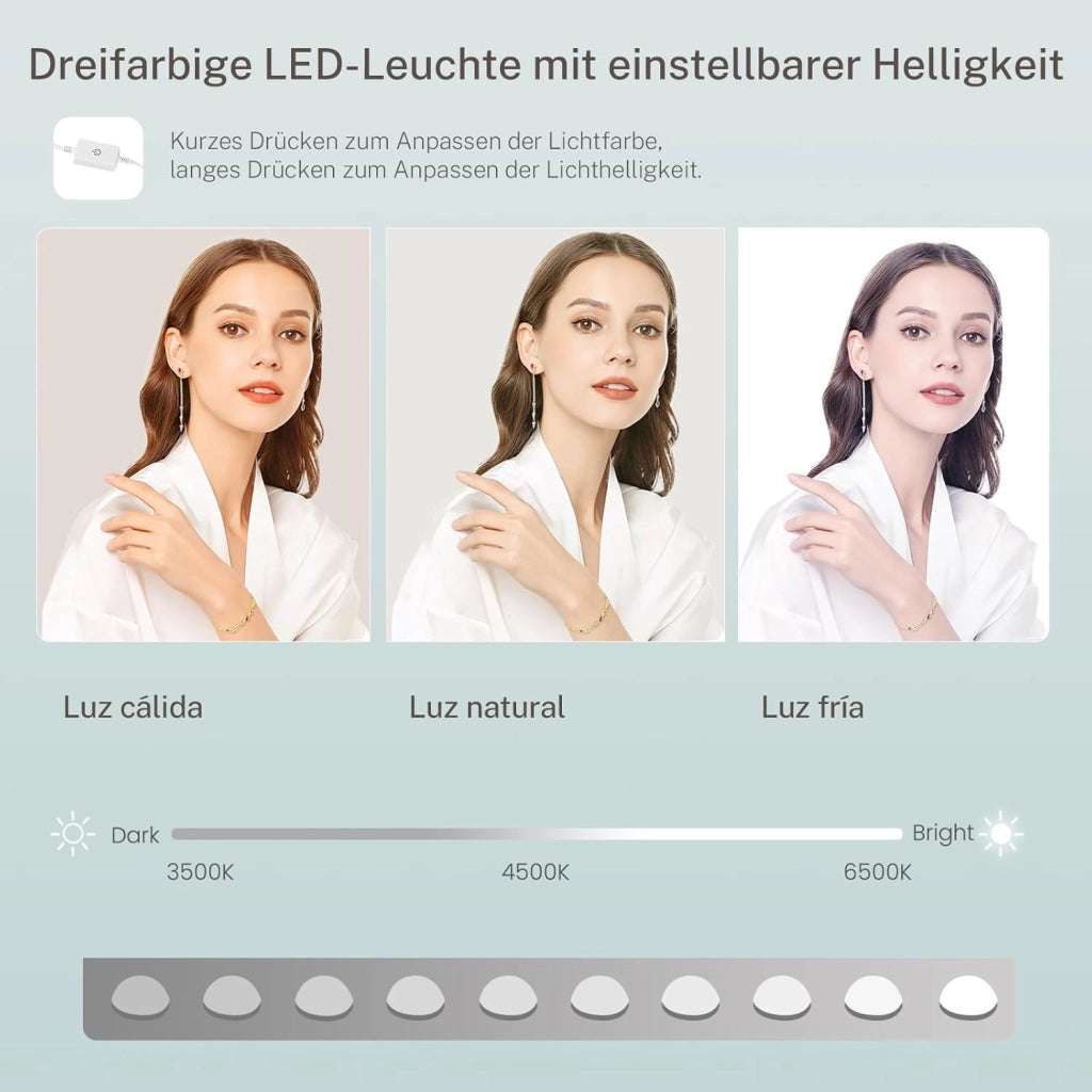 Toeletta Trucco con Luci e Prese a Led Regolabili, Toletta con Grande Specchio, Tavolo da Trucco con 7 Cassetti, 4 Ripiani Aperti e 5 Ganci per Gioielli per la Camera da Letto, Bianco