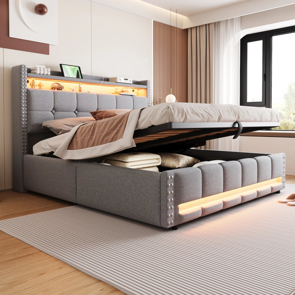 Letto Matrimoniale 160x200 cm; 2 Posti - USB; LED; Contenitore; Ripiani; Tessuto Grigio Chiaro