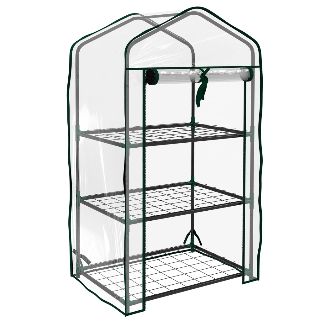 Mini Serra da Giardino 59x39x127 cm con Copertura 3 Ripiani e Porta Avvolgibile in PE Trasparente