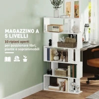 Libreria Asimmetrica a S a 5 Livelli con 10 Ripiani Aperti, in Legno, 80x24x159 cm, Bianco