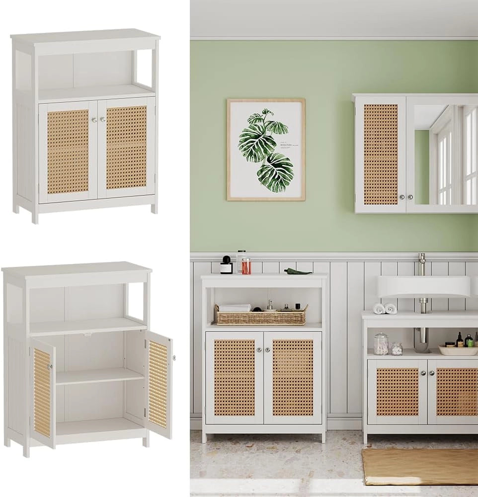 Mobiletto bagno Rosario, Bianco, 60 x 80 cm con ante e vano a giorno, per la conservazione di articoli da bagno e asciugamani