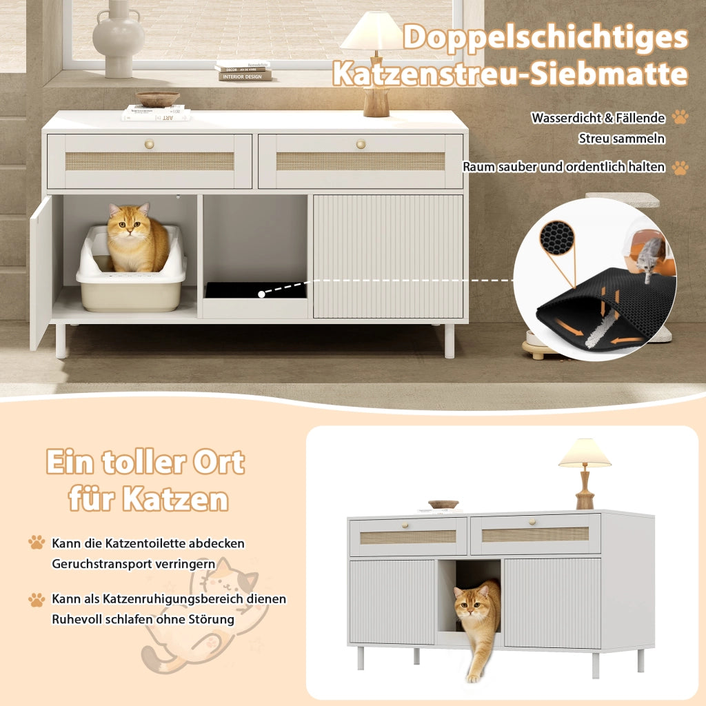 Mobile coperto per lettiera per gatti con 2 ante e cassetto, per soggiorno e ingresso, in MDF bianco 120 × 50 × 65 cm