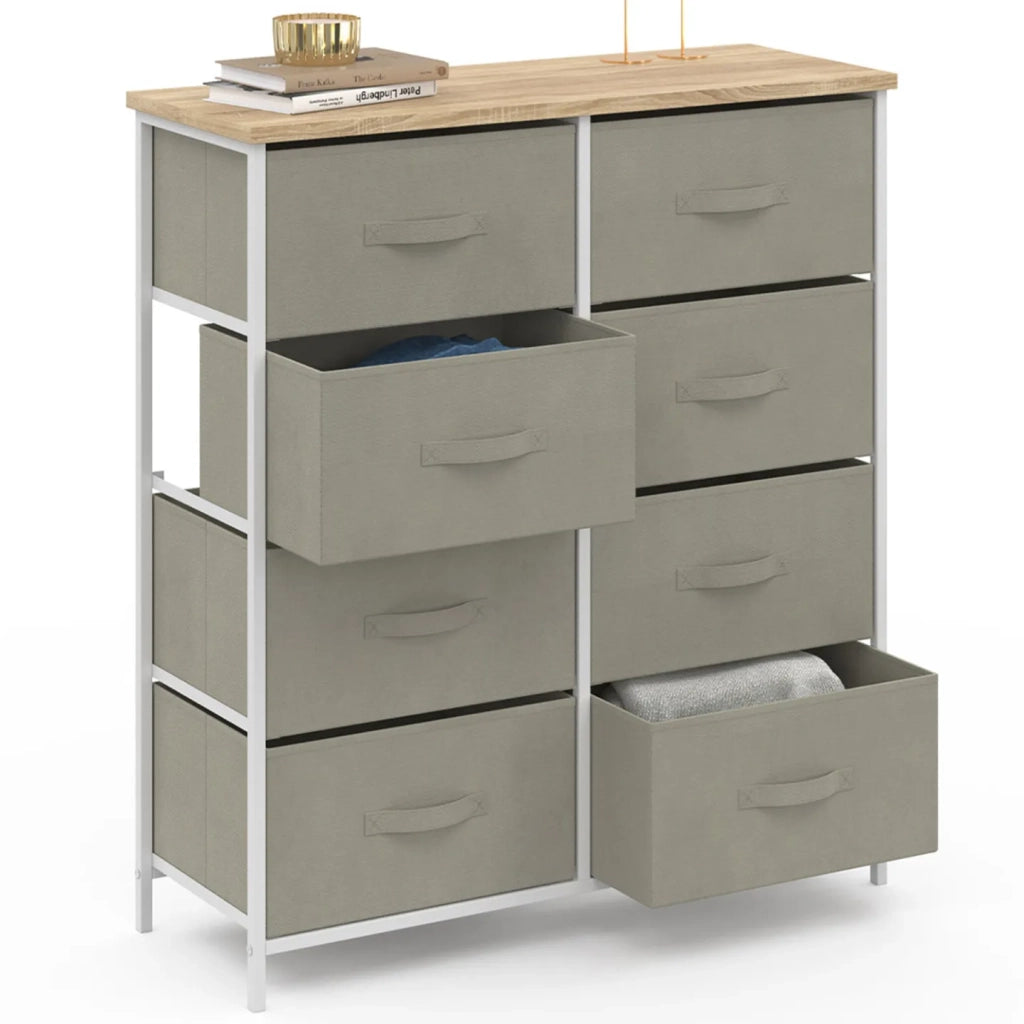 IDMarket - Arcón de 8 cajones en tejido ALTA 80 cm gris claro con tapa efecto madera