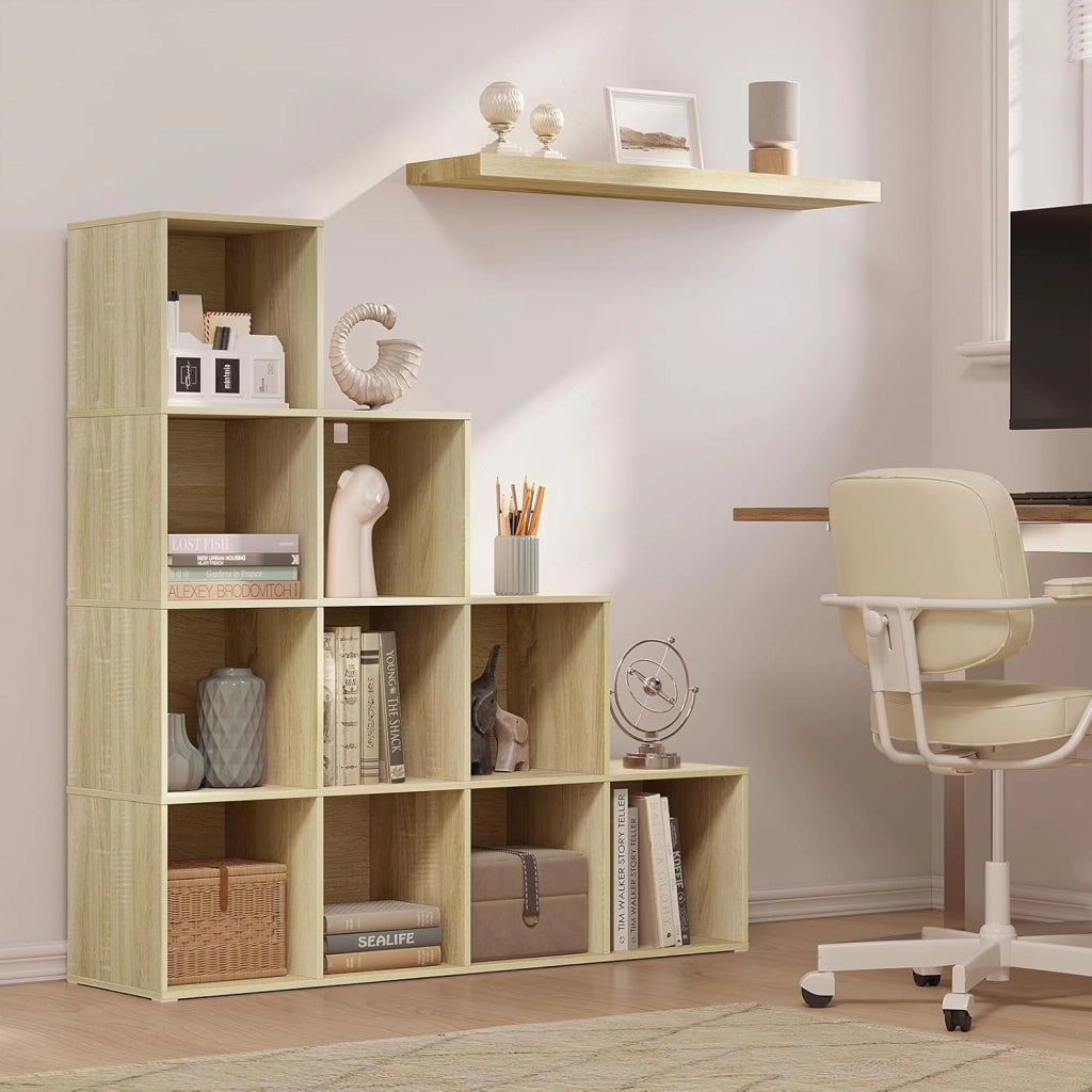 Scaffale per Libri, Scaffale per Scale Con 10 Cubi, Libreria in Legno Ingegnerizzato Rovere Chiaro, per Camera da Letto, Soggiorno, Studio, Ufficio, 120x30x120cm, SK062hei