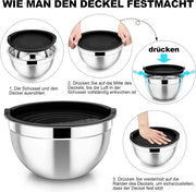 Tre contenitori in acciaio inossidabile con coperchio - Antiscivolo - Erettore - Con divisione metrica - Spazievolutivo - Ideale per la miscelazione