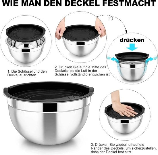 Tre contenitori in acciaio inossidabile con coperchio - Antiscivolo - Erettore - Con divisione metrica - Spazievolutivo - Ideale per la miscelazione