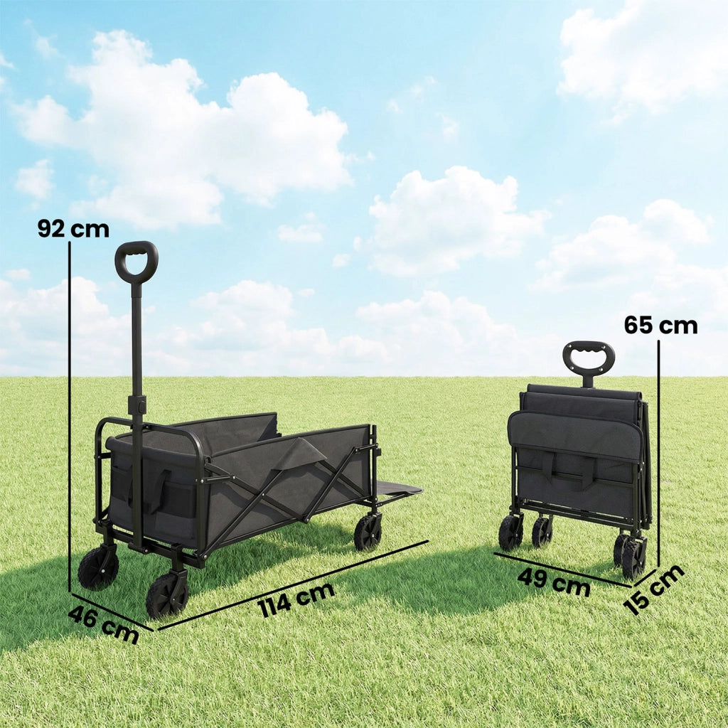 Carrello da esterno 114x46x92 cm Capacità 72L Pieghevole con Manico Regolabile in Acciaio e Tessuto Oxford Nero