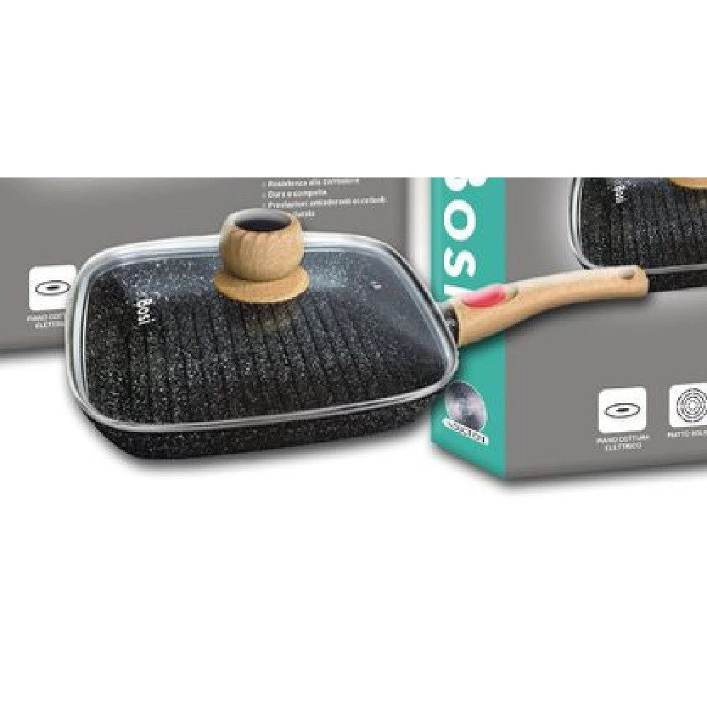 Trade Shop - Padella Pentola Quadrata Con Manico Coperchio Vetro 24cm 1.03lt Antiaderente T-9478 -