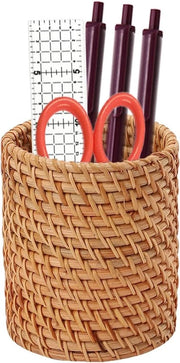 Organizzatore multifunzionale in rotangh, penne e matite, per scrivere, pennarelli, spazzole per trucco, fiori