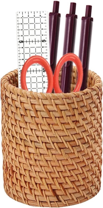 Organizzatore multifunzionale in rotangh, penne e matite, per scrivere, pennarelli, spazzole per trucco, fiori