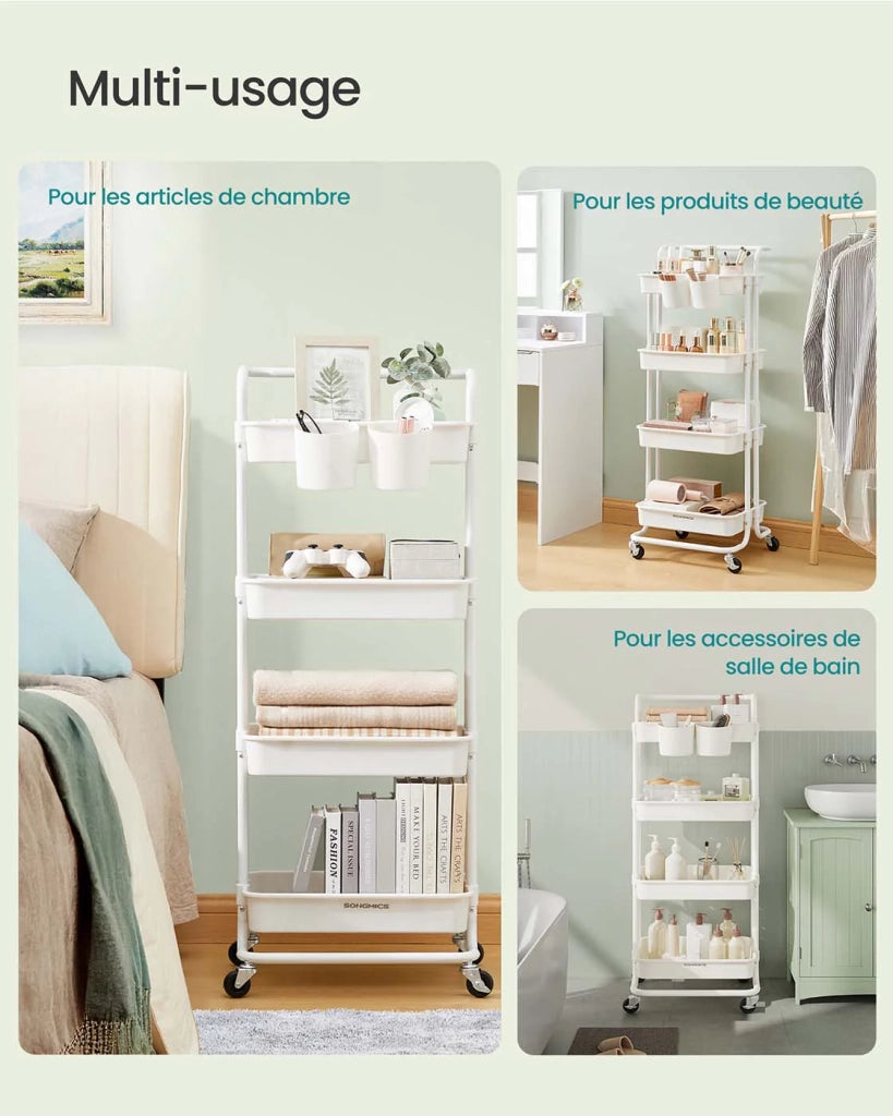 Carrello di servizio mobile a 3 livelli con ruote ripiano portaoggetti con maniglia 2 pentole 2 freni cestini in plastica facile da montare per camera da letto cucina bianco 12_0007856