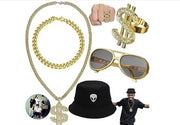 5 pezzi di costume hip hop anni '80/'90, set di accessori rapper, collana a dollari, occhiali da sole, anello d'oro con dollari, cappello a secchietta, adatto per compleanni e feste di carnevale