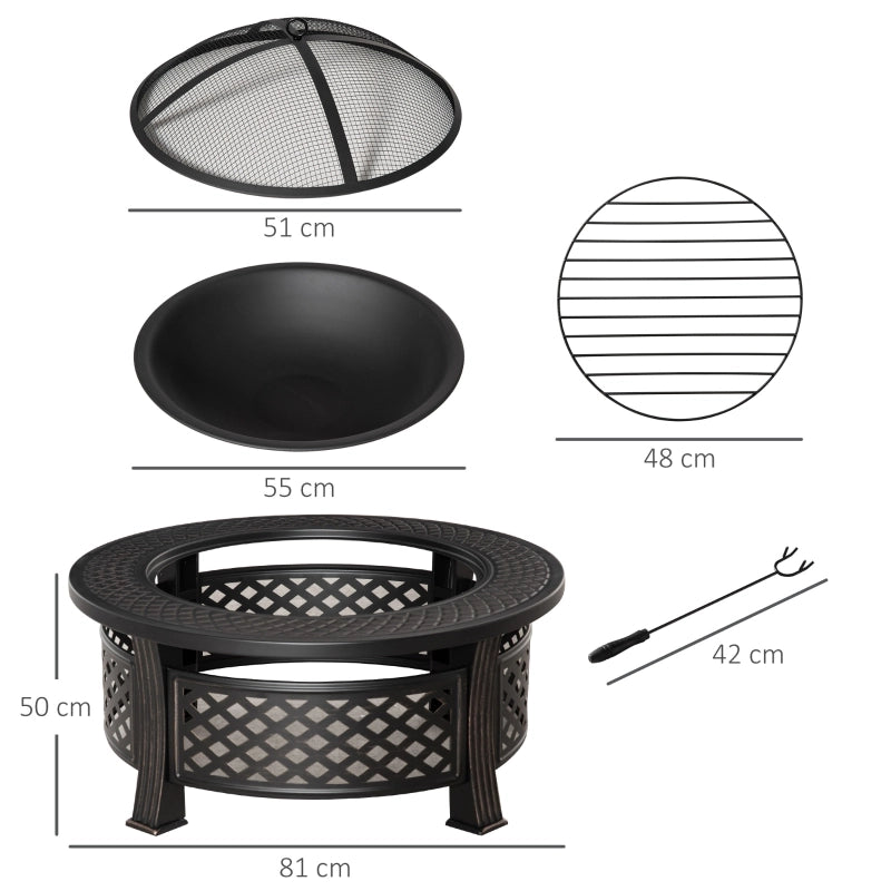 Braciere da giardino 2 in 1 con griglia parascintille e attizzatoio, 81 x 81 x 50 cm